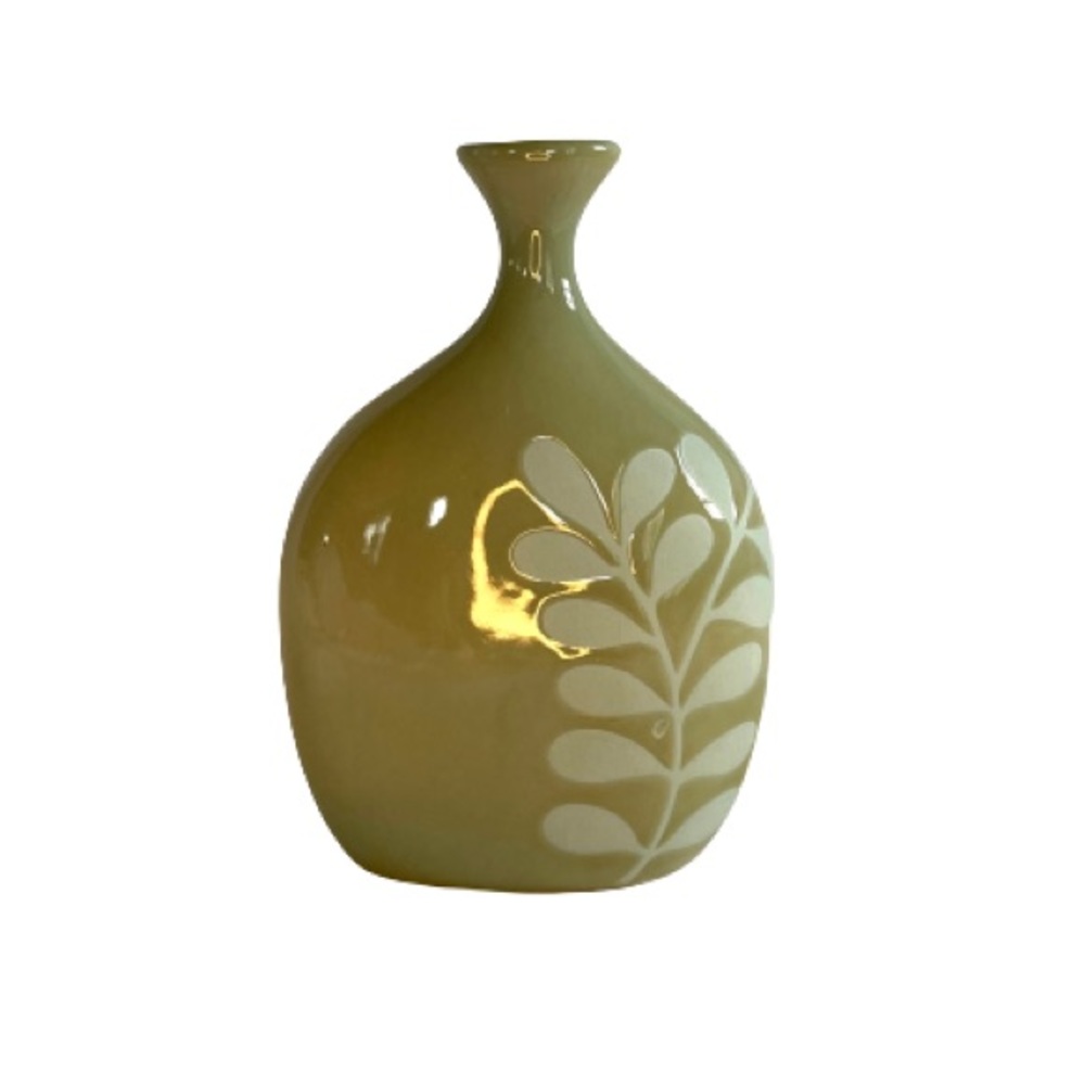 Olive Green Vase with Leaf Pattern.